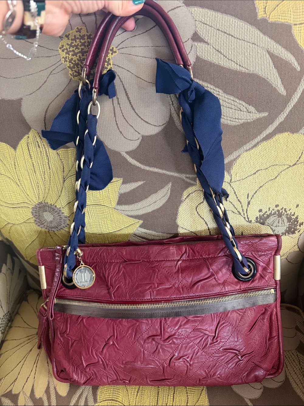 Lanvin Burgundy Leather Shoulder Bag with Navy Ribbon Chain Straps-Excellent Con